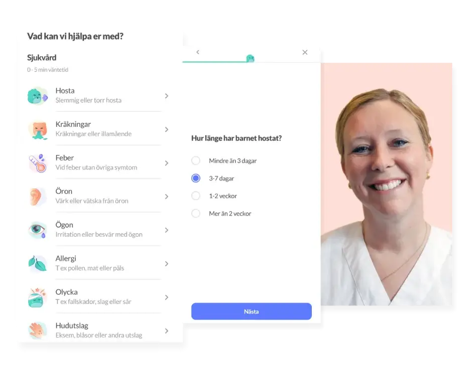 Skärmbilder från Knodd-appen som visar anamnesformulär och digitalt vårdsamtal